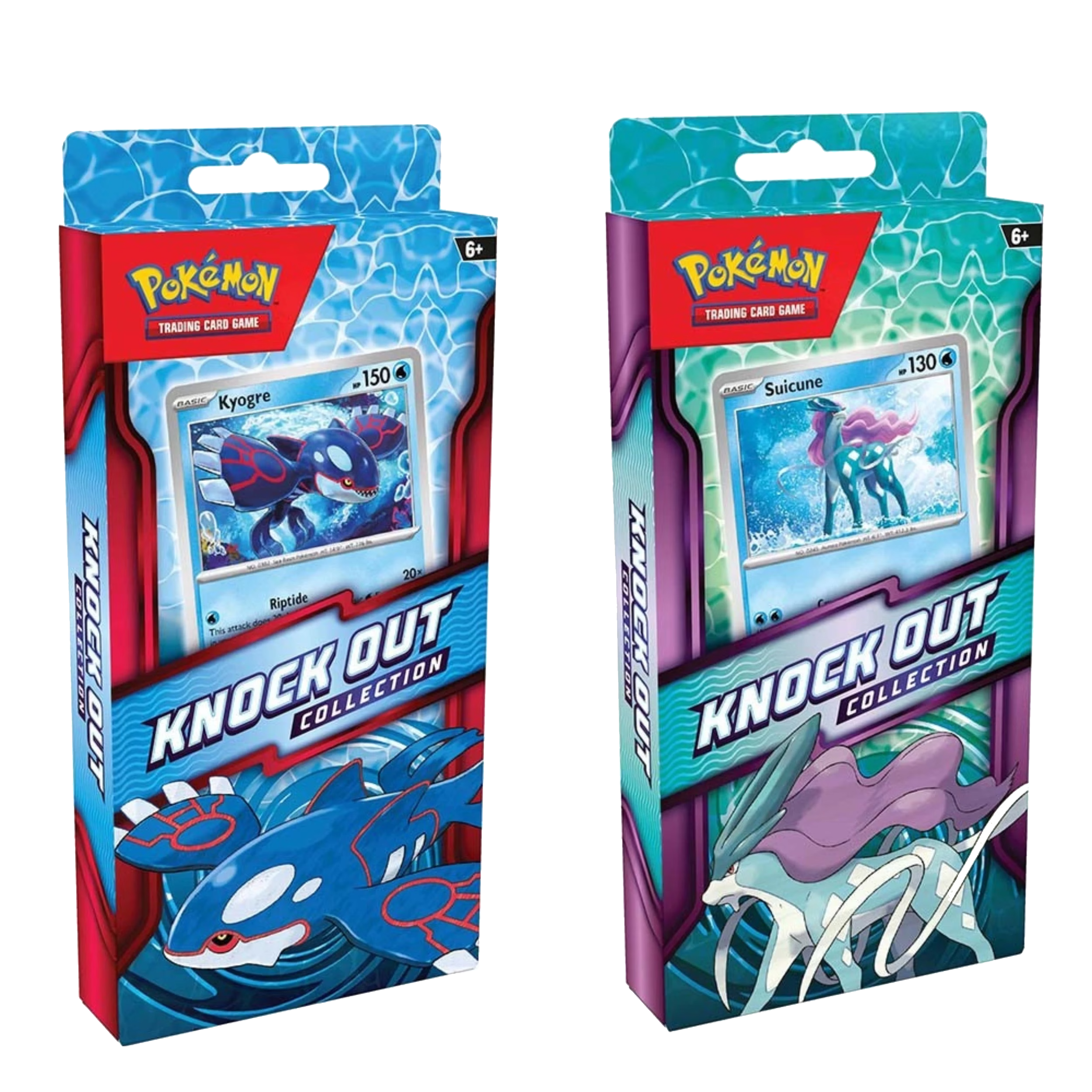 Pokémon TCG Knock Out Collection boxes featuring cosmos foil Kyogre and Suicune promo cards with 2 booster packs